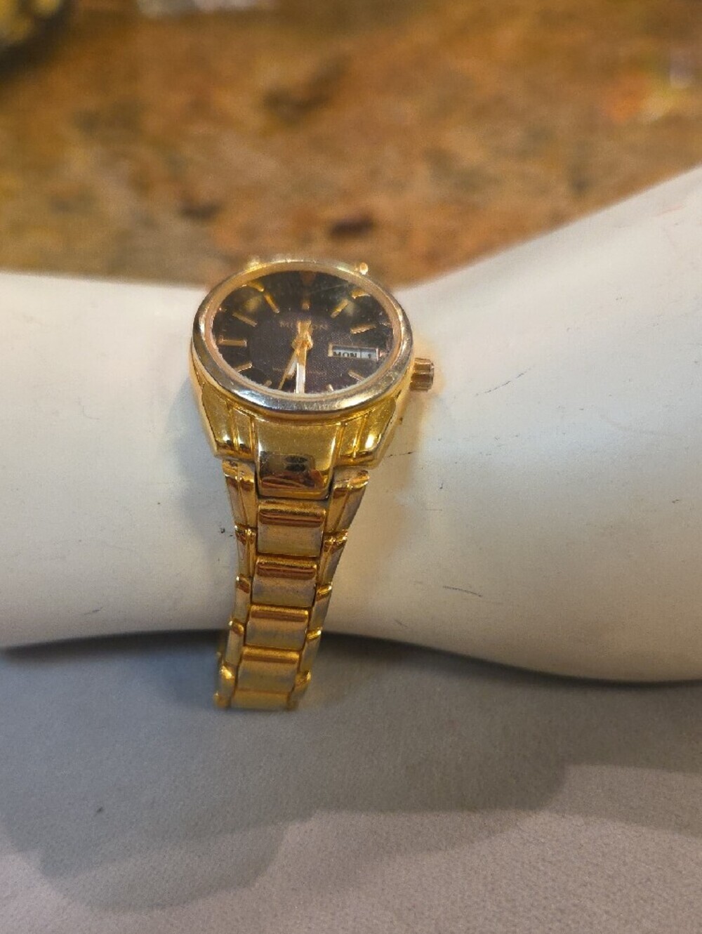 Miykon Gold Tone Wristwatch with Black Dial 6.5  In